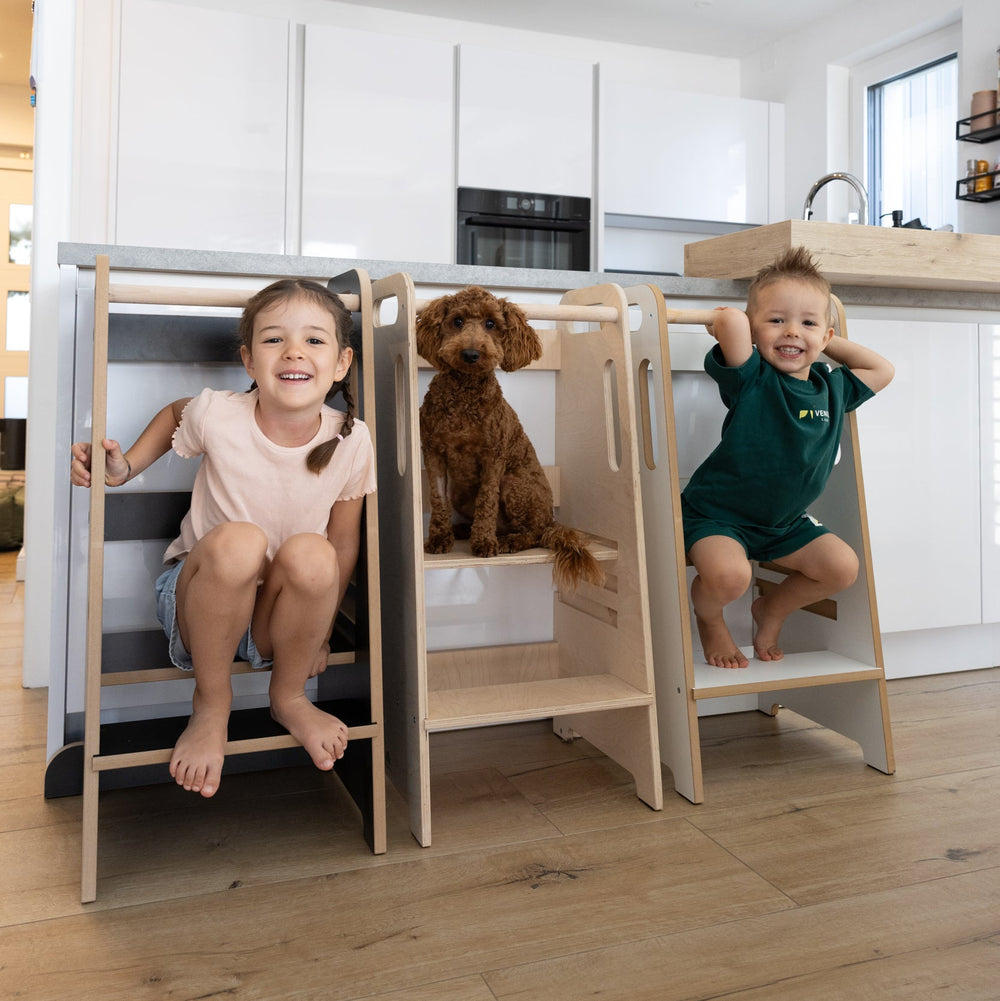 Zwei Kinder und ein Hund auf Lerntürmen in der Familienküche