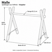 Maßskizze des klappbaren Spielbogens: Breite 56 cm, Höhe 55 cm, Tiefe 50 cm, Stange Ø 2,5 cm
